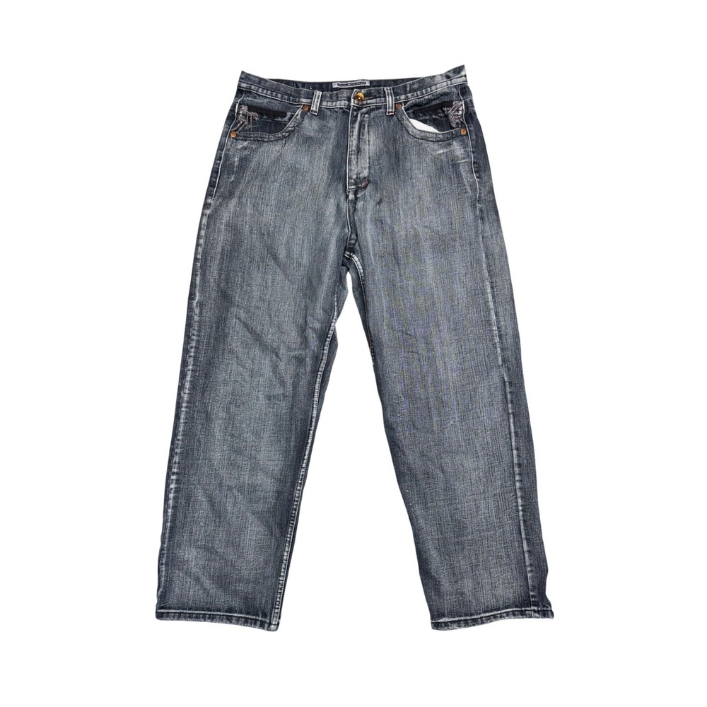 Royal Blue Jeans Mens 38x32 Baggy Wide Leg Y2K Streetwear Embroidered Denim Blue